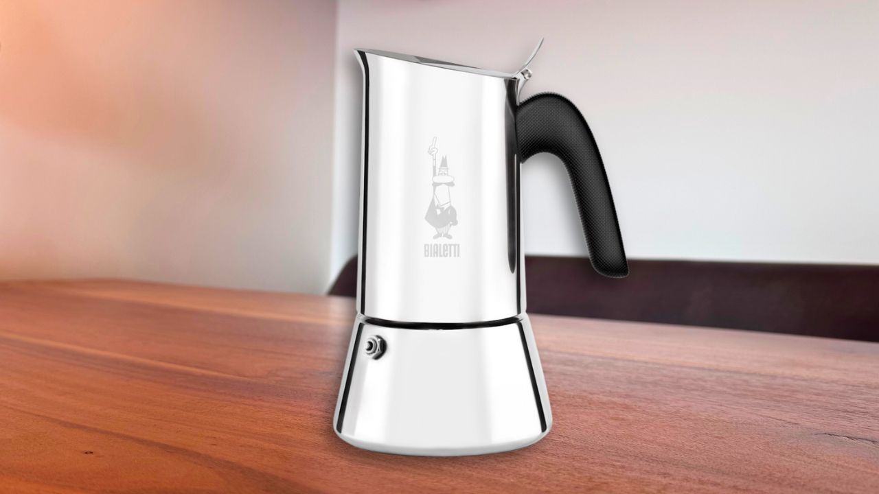 Bialetti Venus Moka Pot on a wooden table – elegant stainless steel coffee maker for rich Italian-style espresso at home